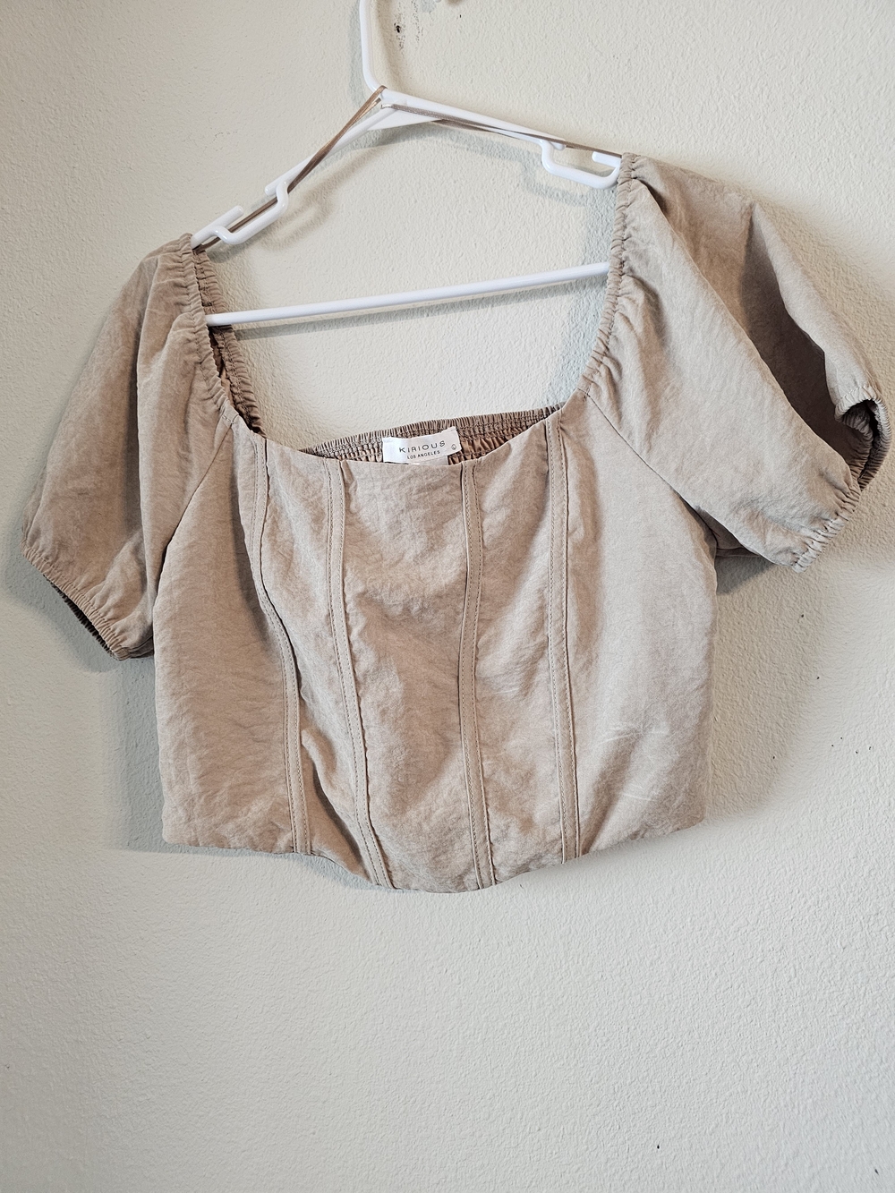 Kirous Sand Puff-Sleeve Square-Neck Crop Top